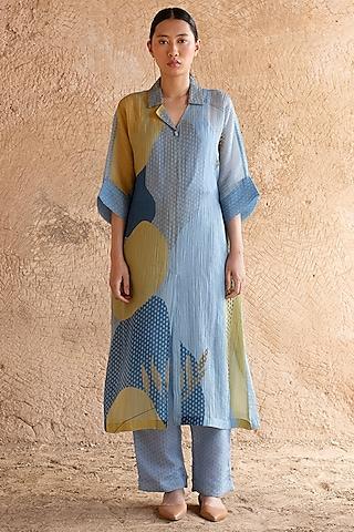 blue japanese fabric & shimmer cupro wrinkle kurta set