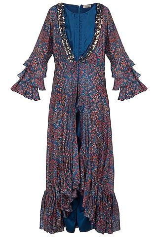 blue jumpsuit with embroidered printed cape