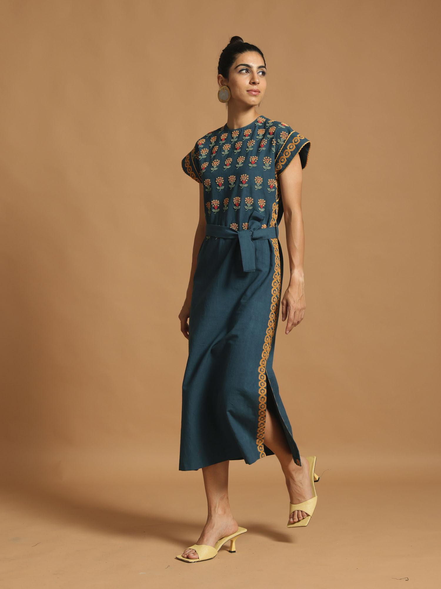 blue kala cotton slit dress with belt