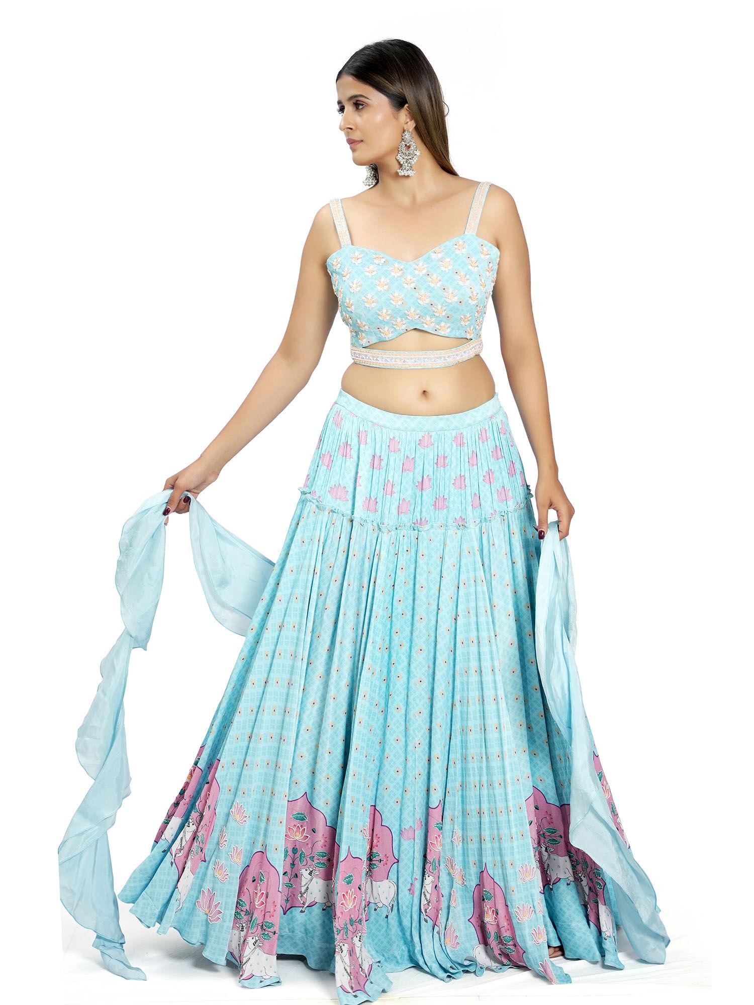 blue kamal talai lehenga with blouse and dupatta and belt (set of 4)