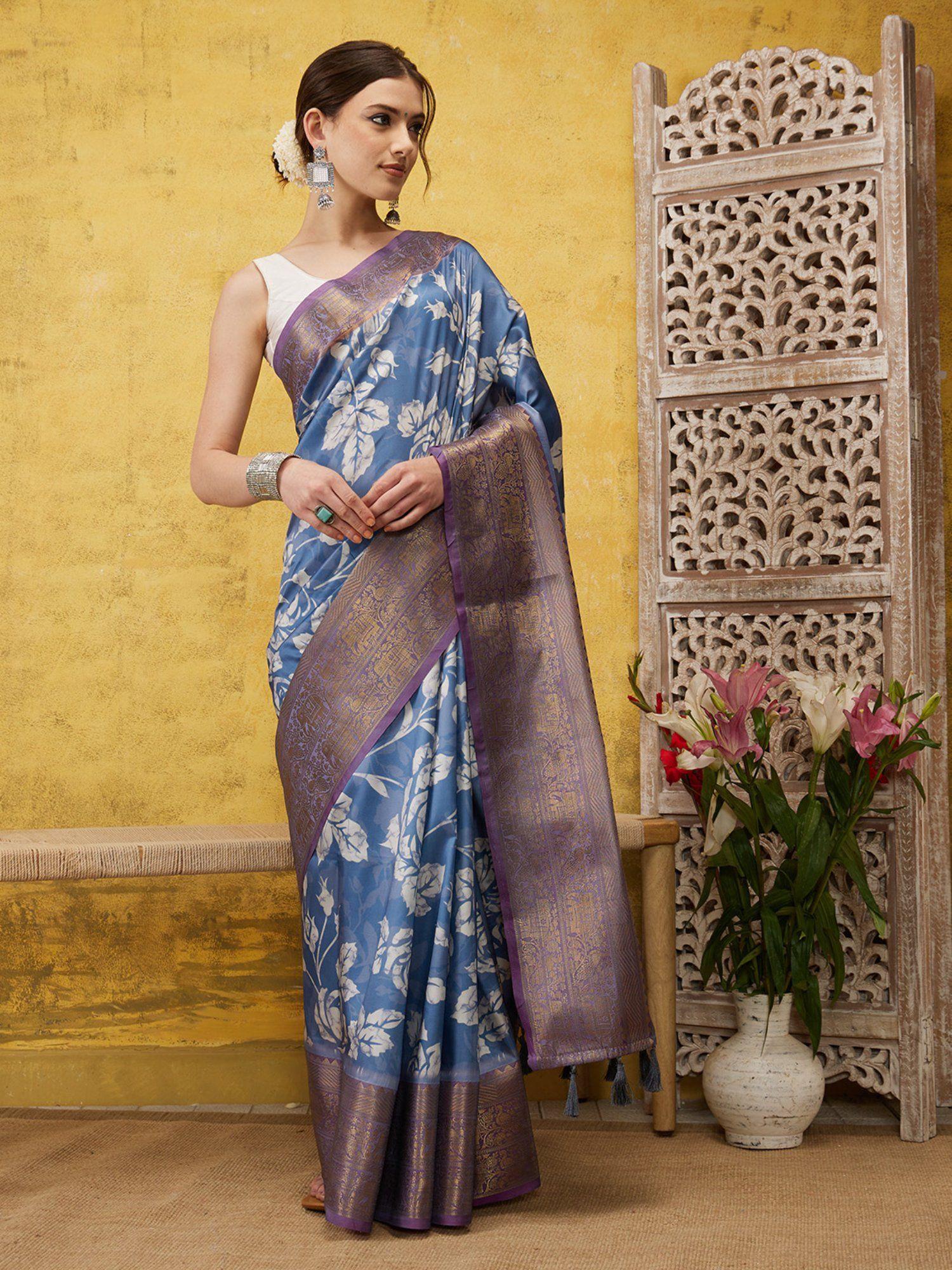 blue kanjeevaram soft silk floral printed saree with tassel and unstitched blouse