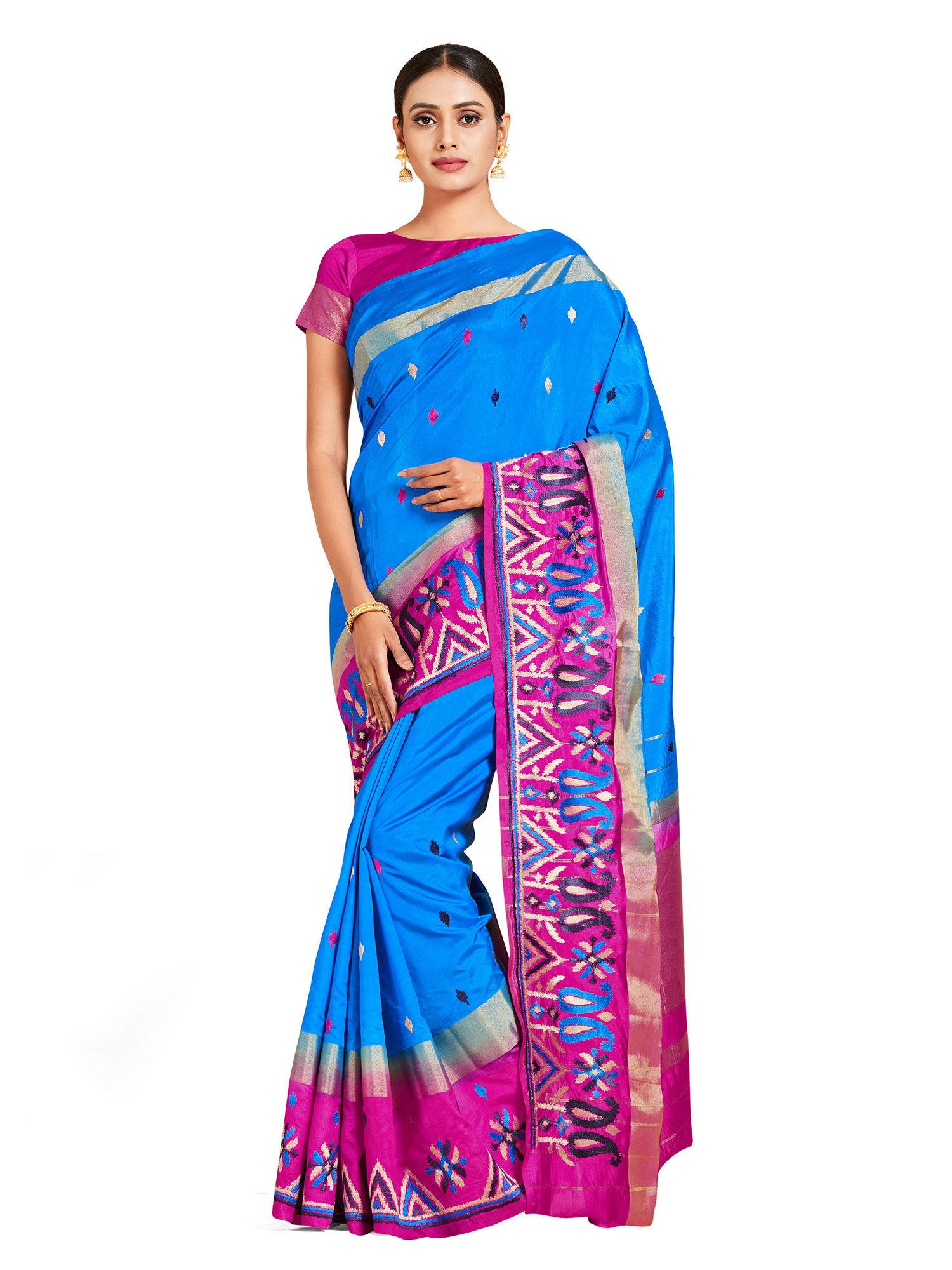 blue kanjivaram style art silk saree with unstitched blouse