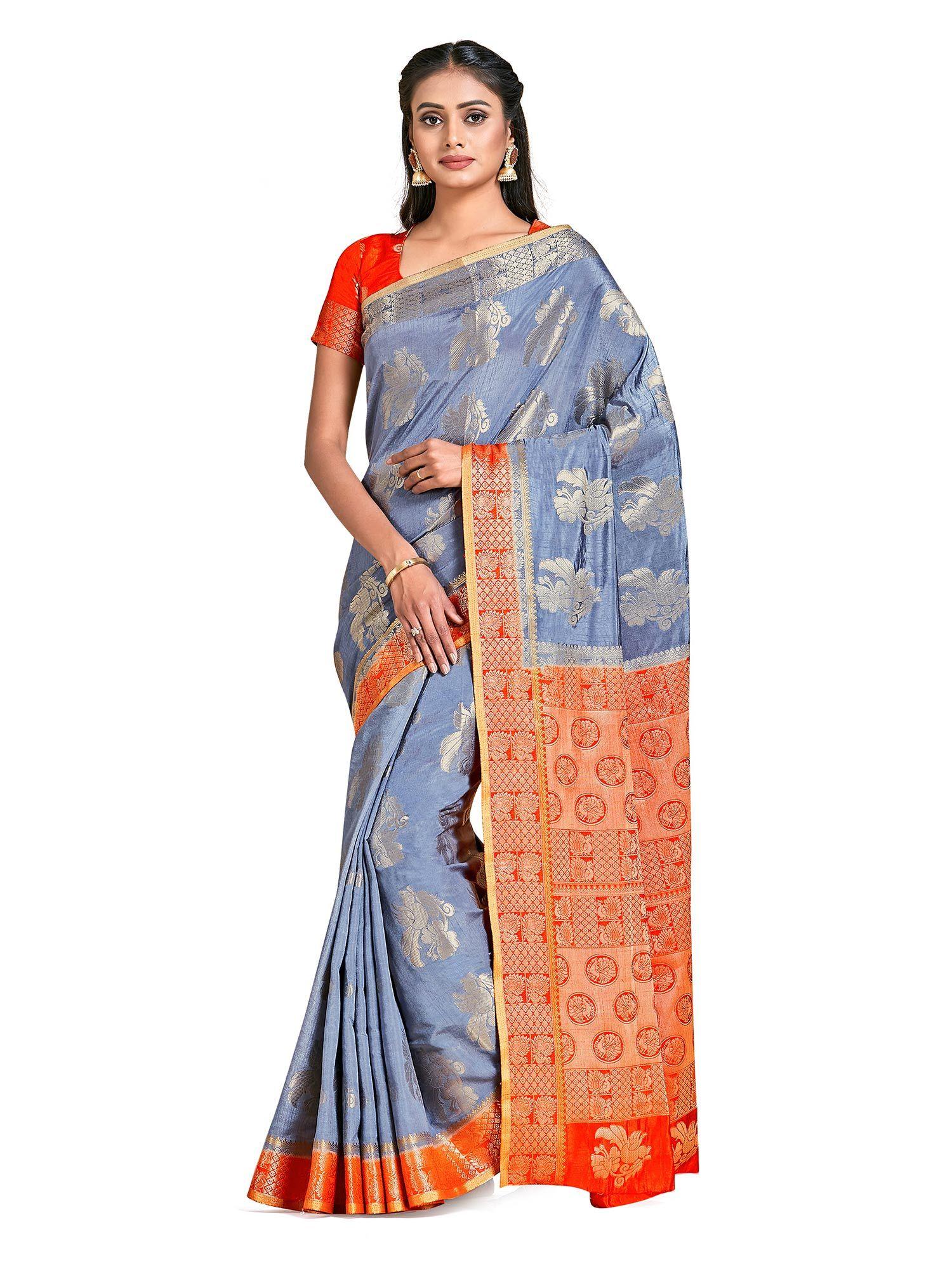 blue kanjivaram style art silk saree with unstitched blouse