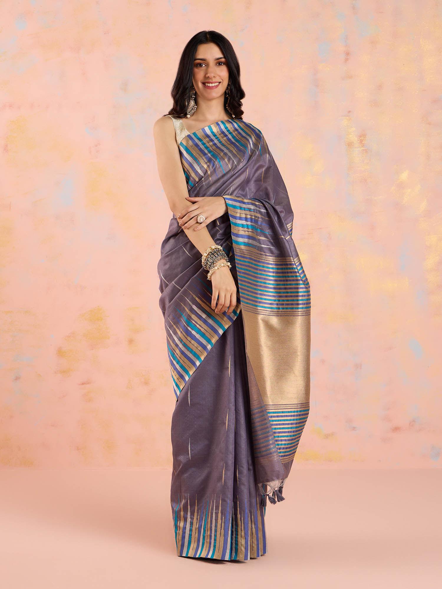 blue karigar korner jacquard saree with unstitched blouse likkkpet03