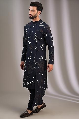 blue katan floral embroidered kurta set
