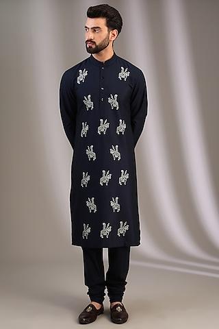 blue katan resham thread embroidered kurta set