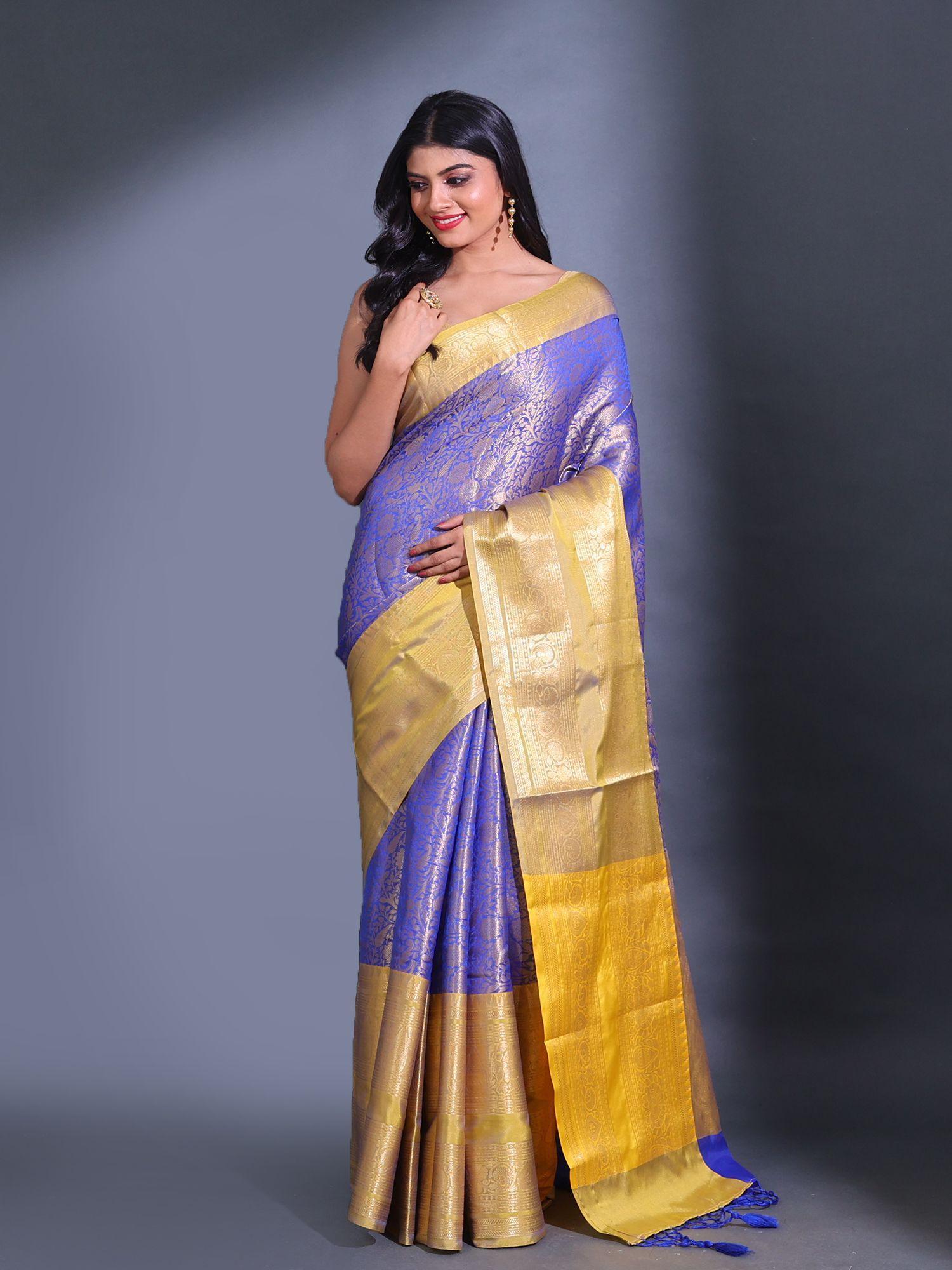 blue katan silk handwoven zari damask motifs saree with unstitched blouse