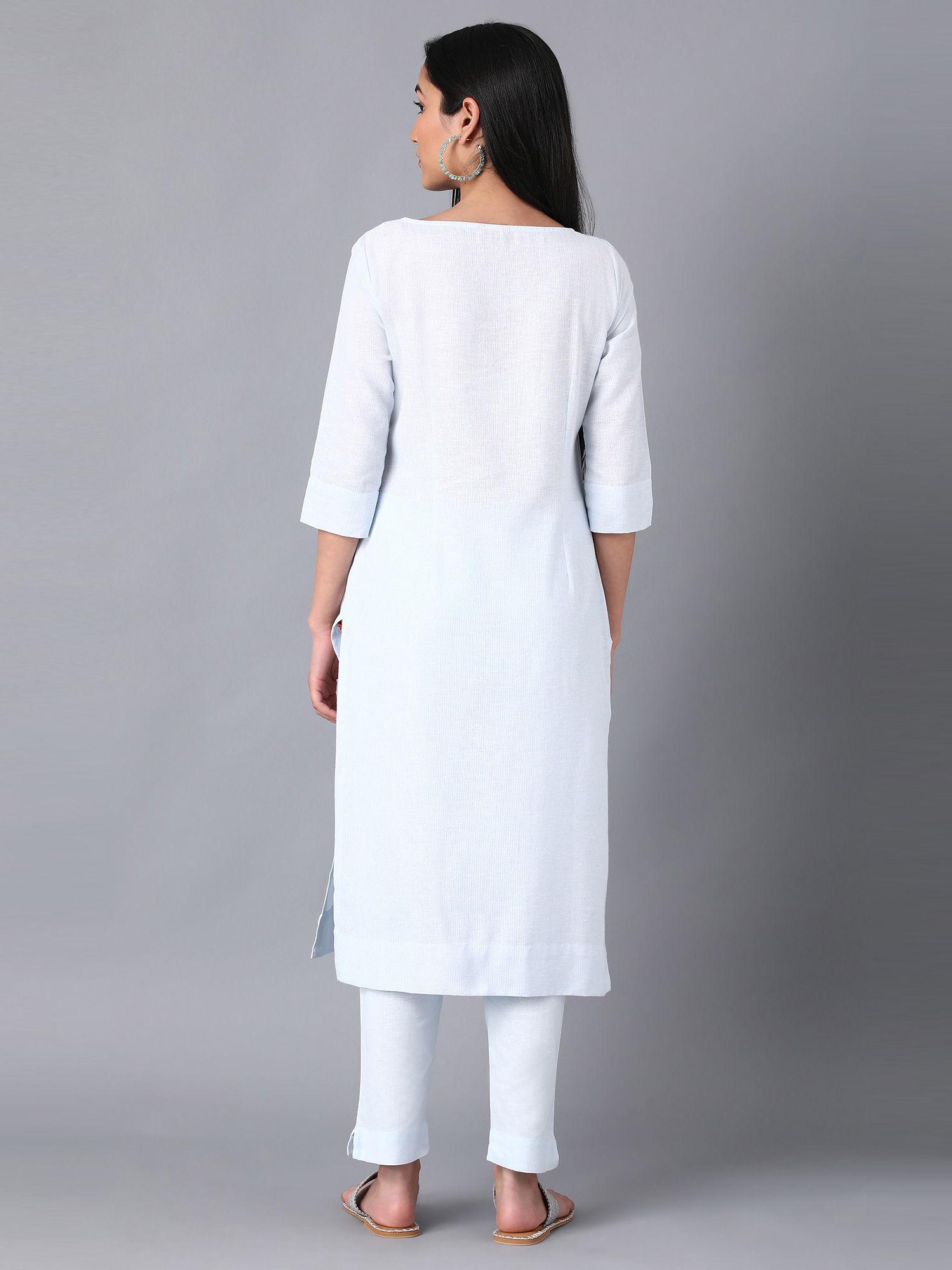 blue keyhole neck solid kurta