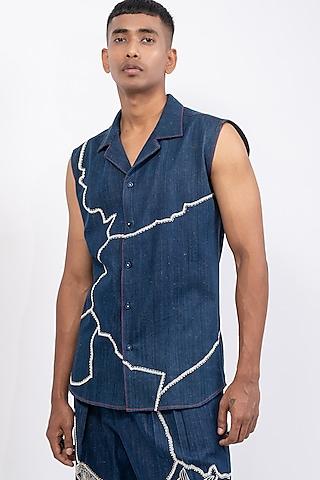 blue khadi denim printed & embroidered shirt