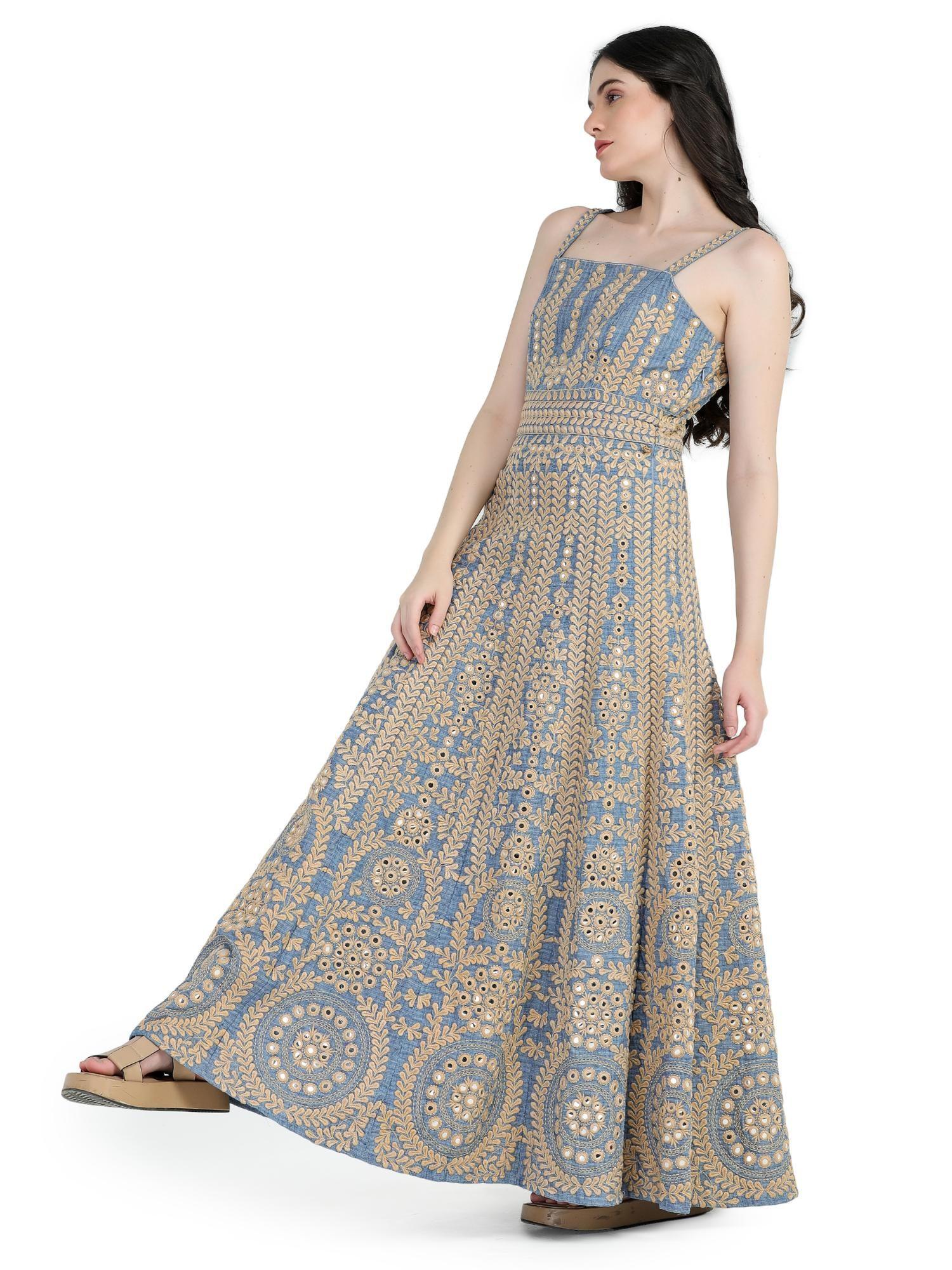 blue khadi embroidered maxi dress