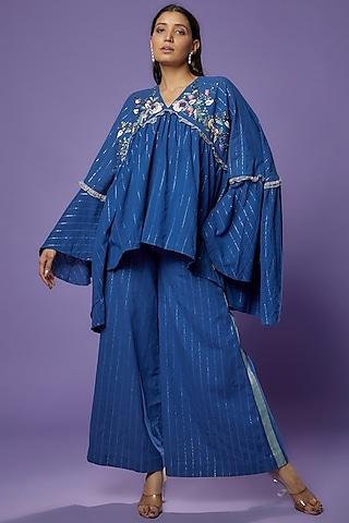 blue khadi embroidered tunic set