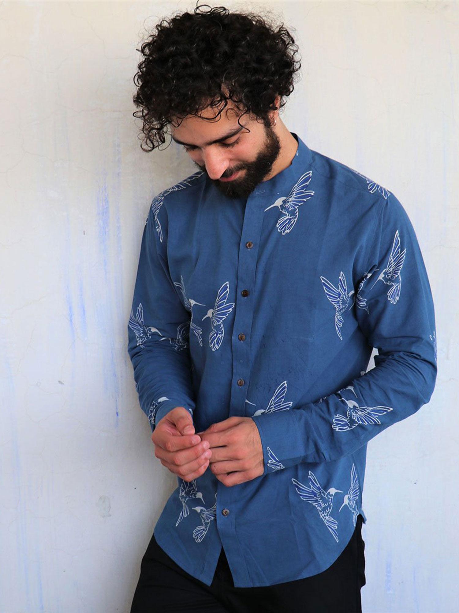 blue kingfisher block printed shirt