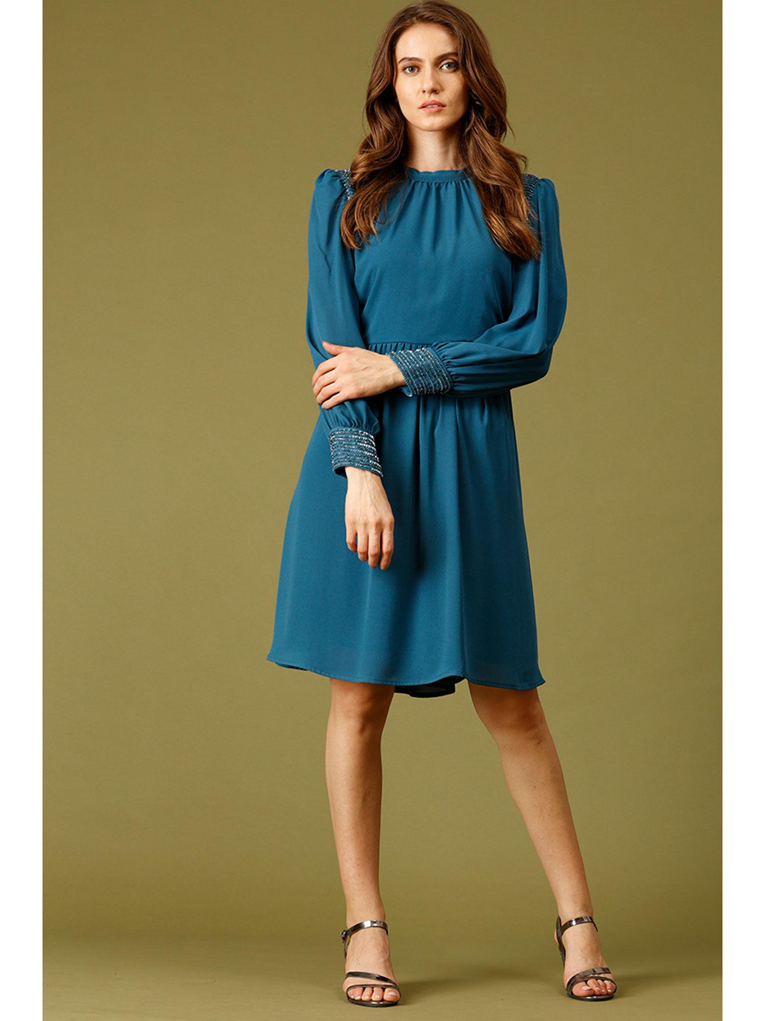 blue knee length choker neck long sleeves embellished polyester dress