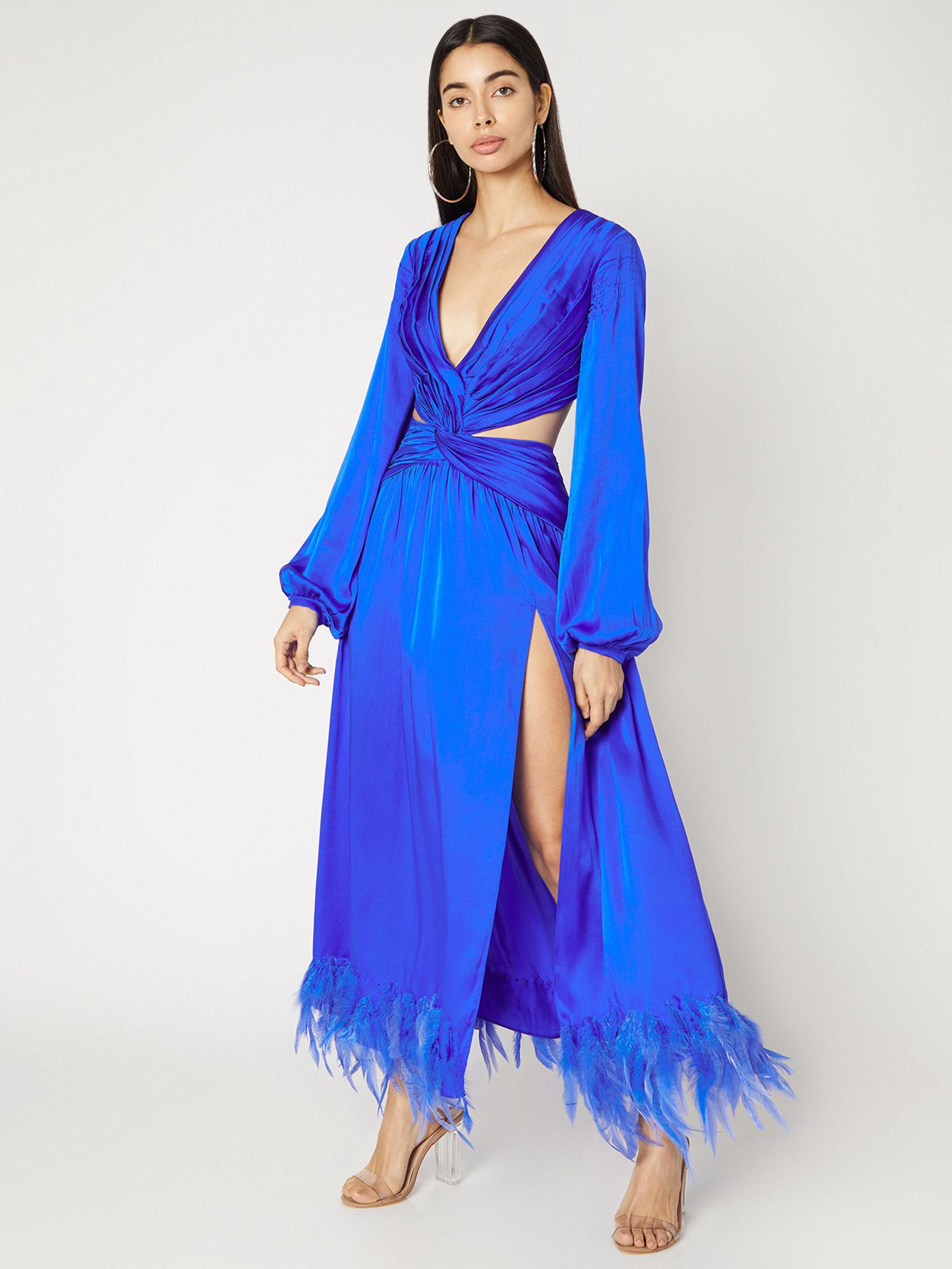 blue knotted feather gown