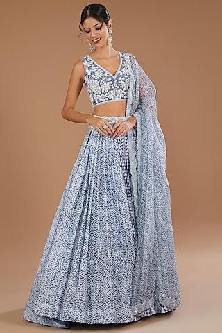 blue kora silk block printed pleated lehenga set