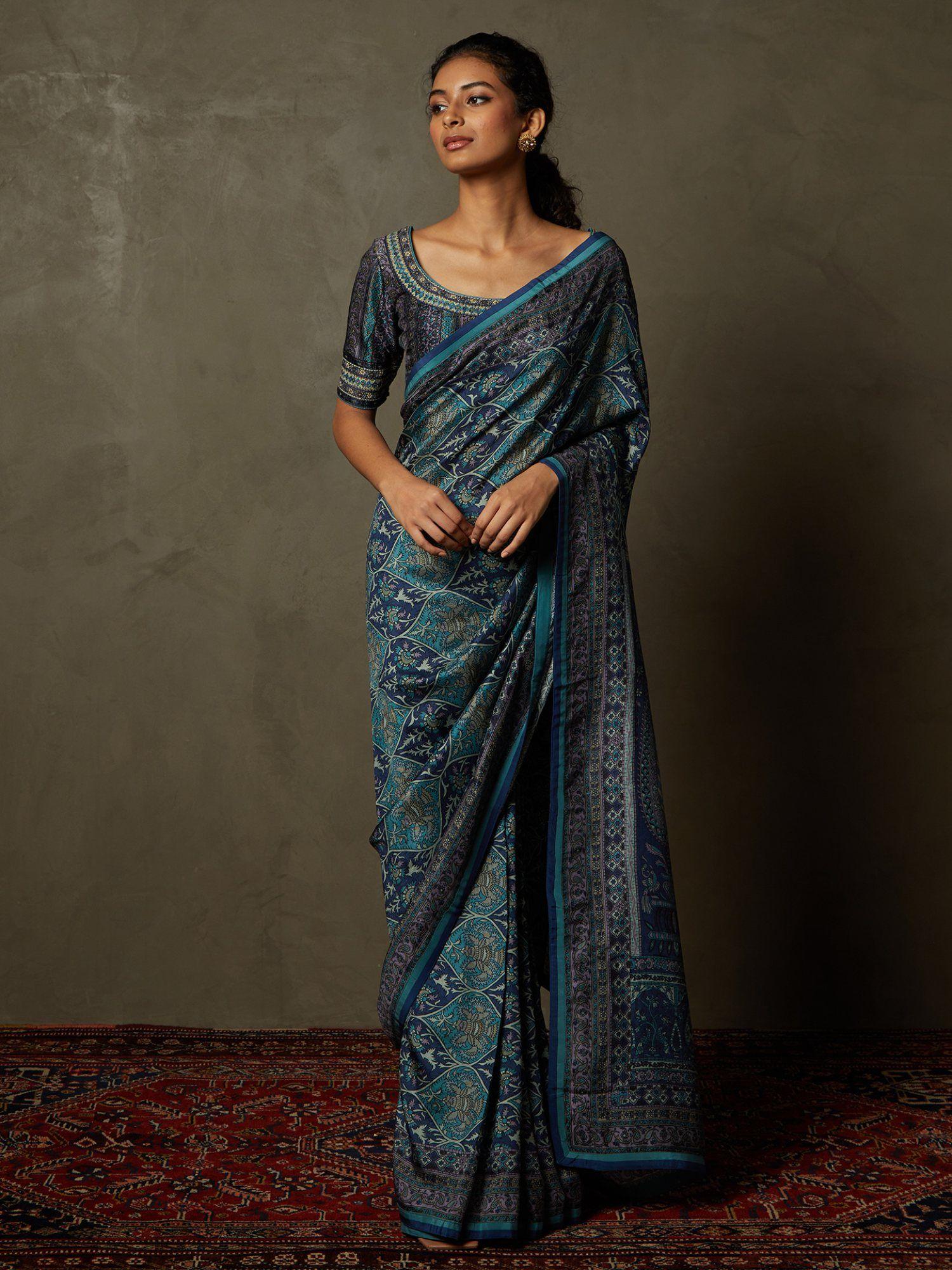 blue kulah floral saree with unstitched blouse (set of 2)