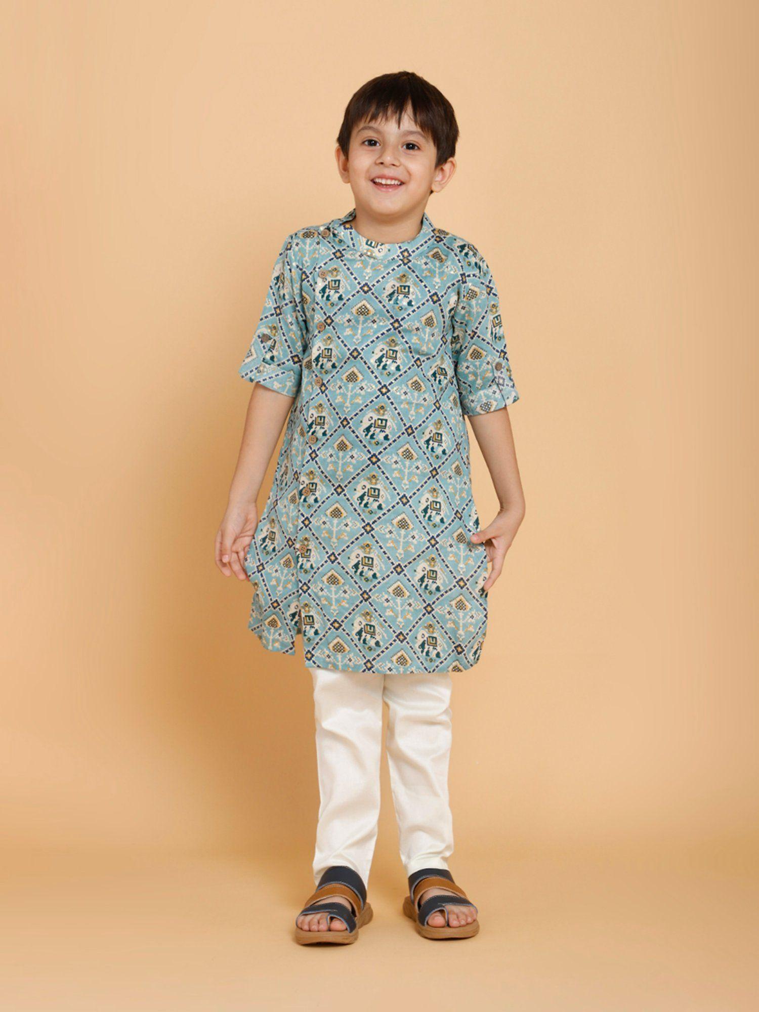 blue kurta printed with pyjama (set of 2)