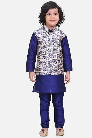 blue kurta set with printed nehru jacket for boys