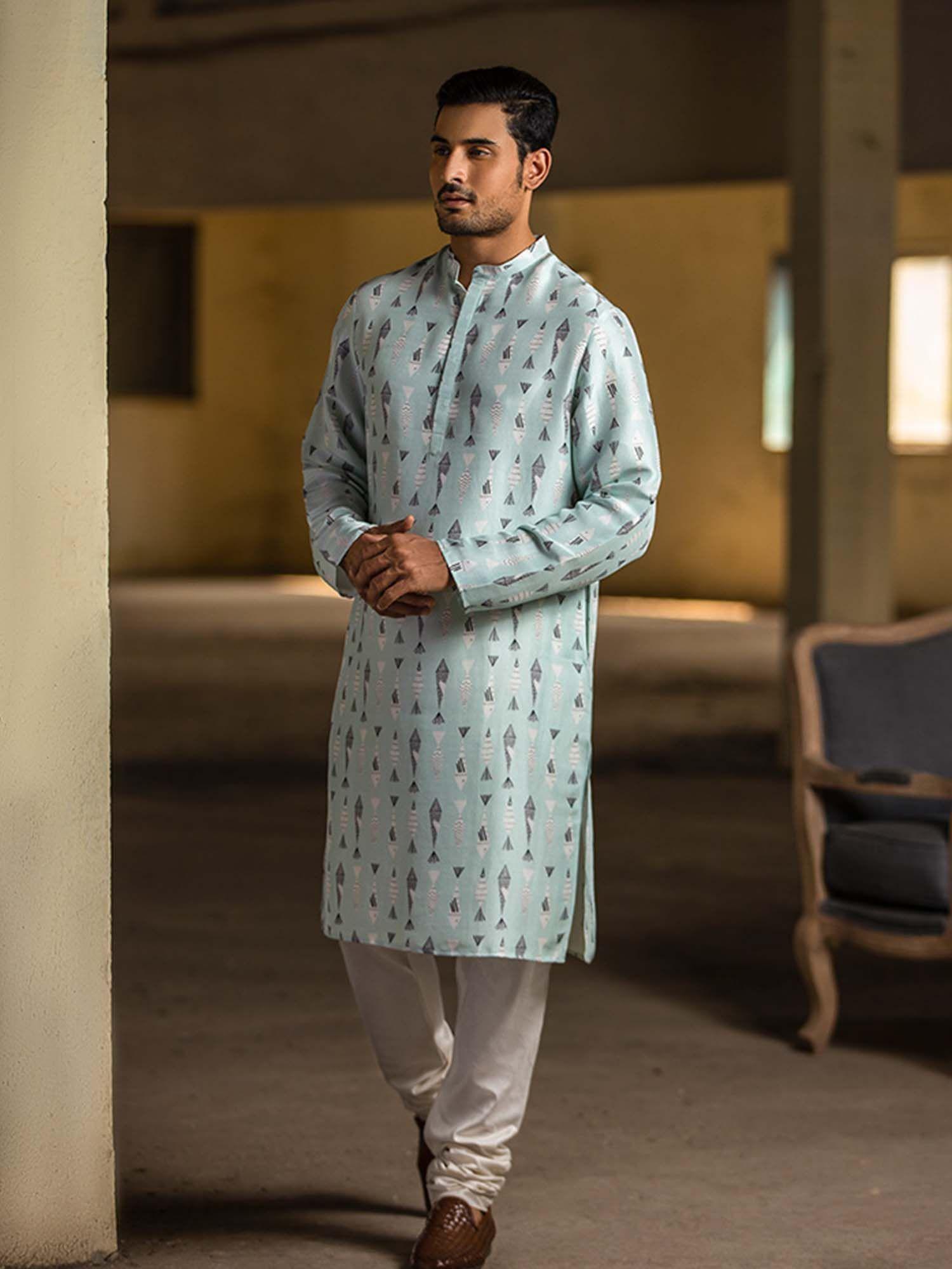 blue kurta with off white churidar - set of 2