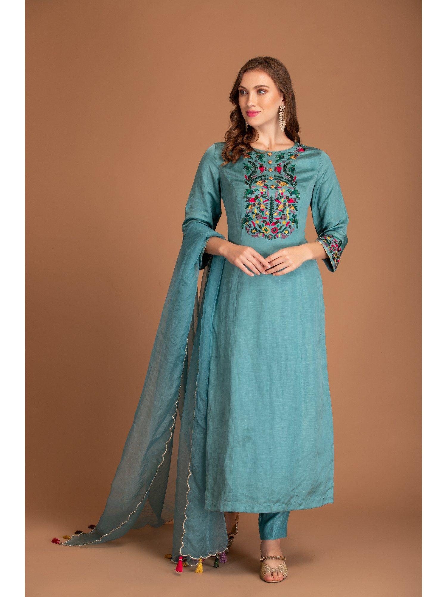 blue kurta with pant and dupatta (set of 3)