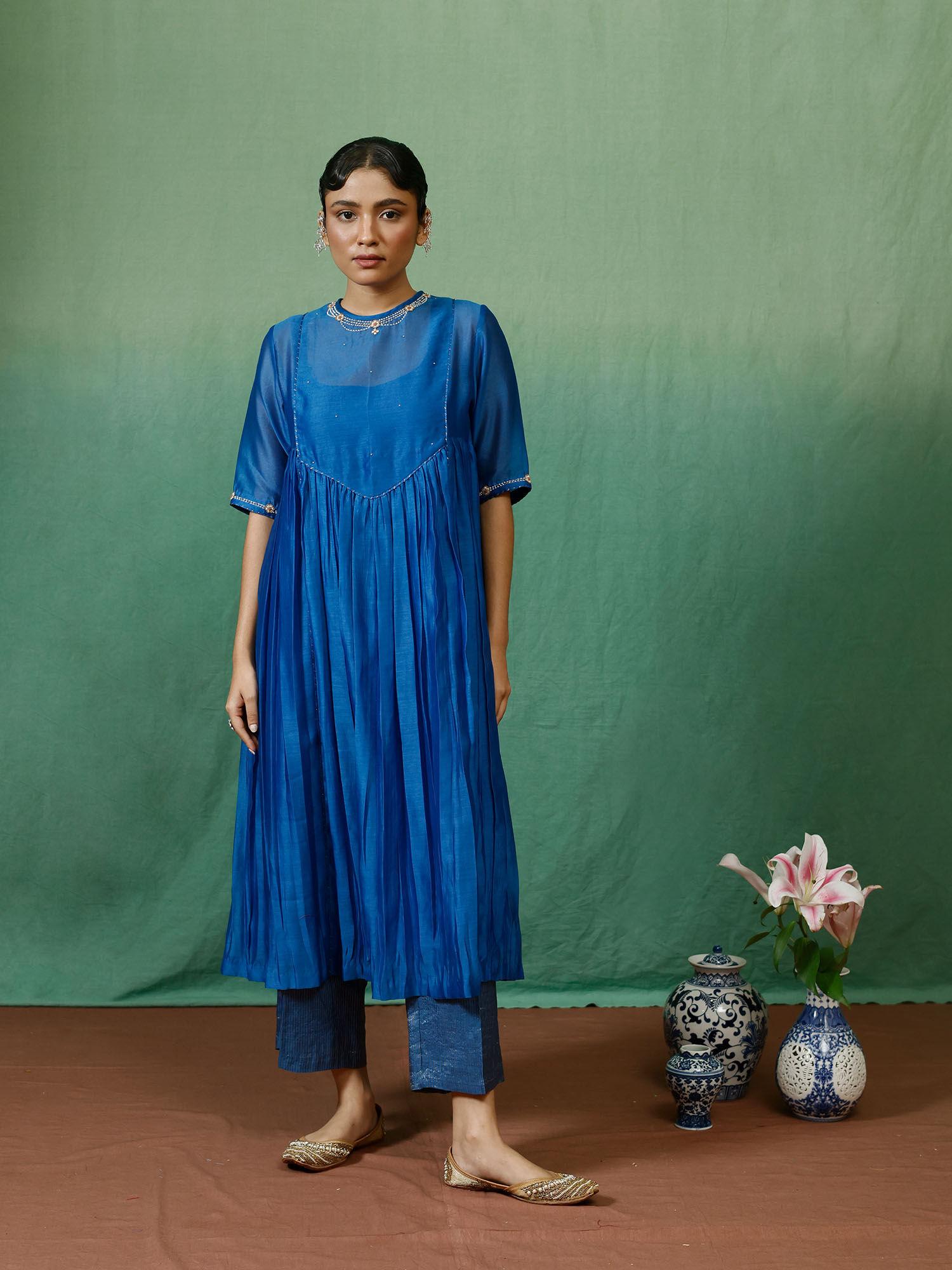 blue kurta with pant and slip (set of 3)