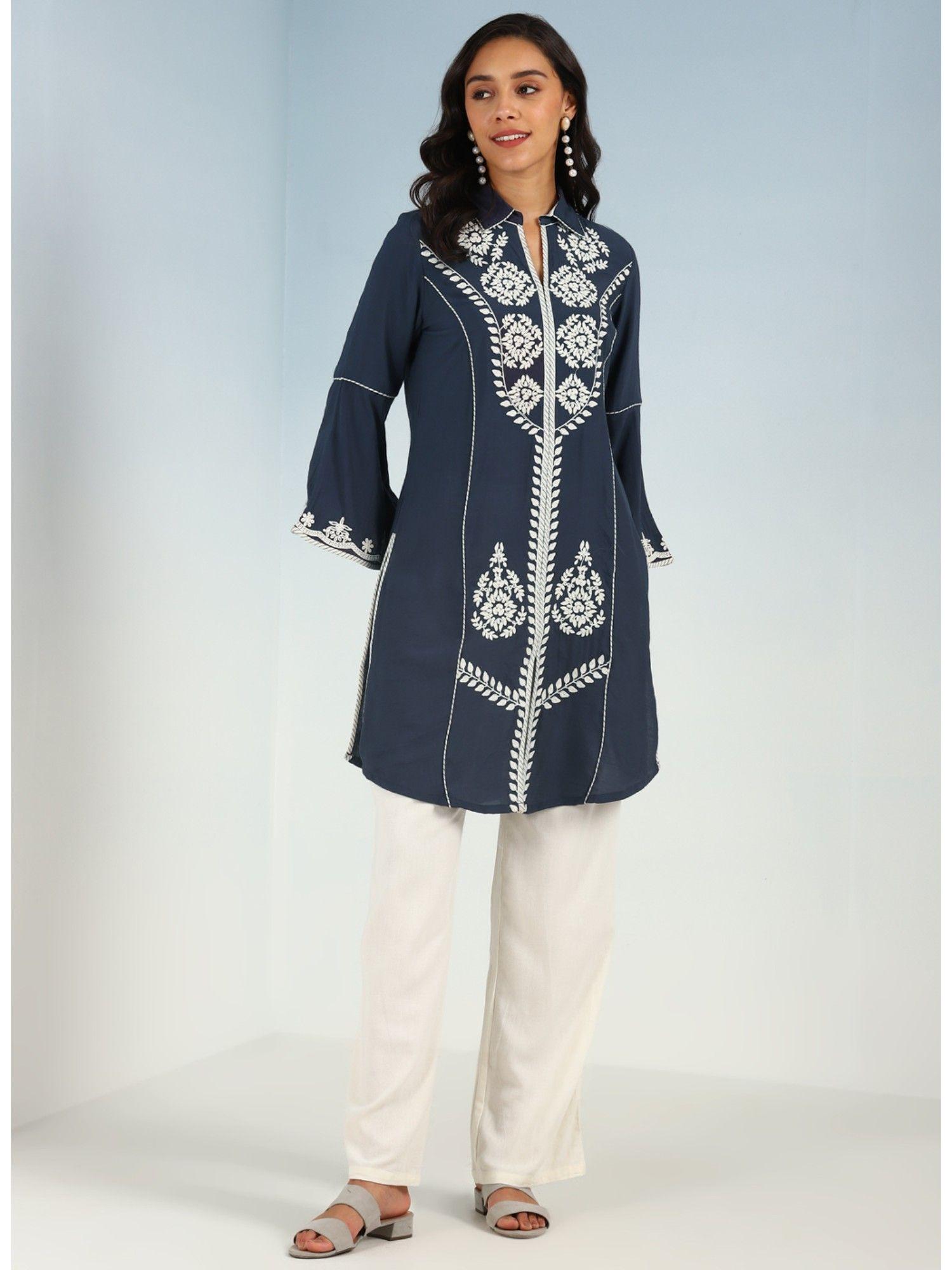 blue kurti with dori work and bell sleeves