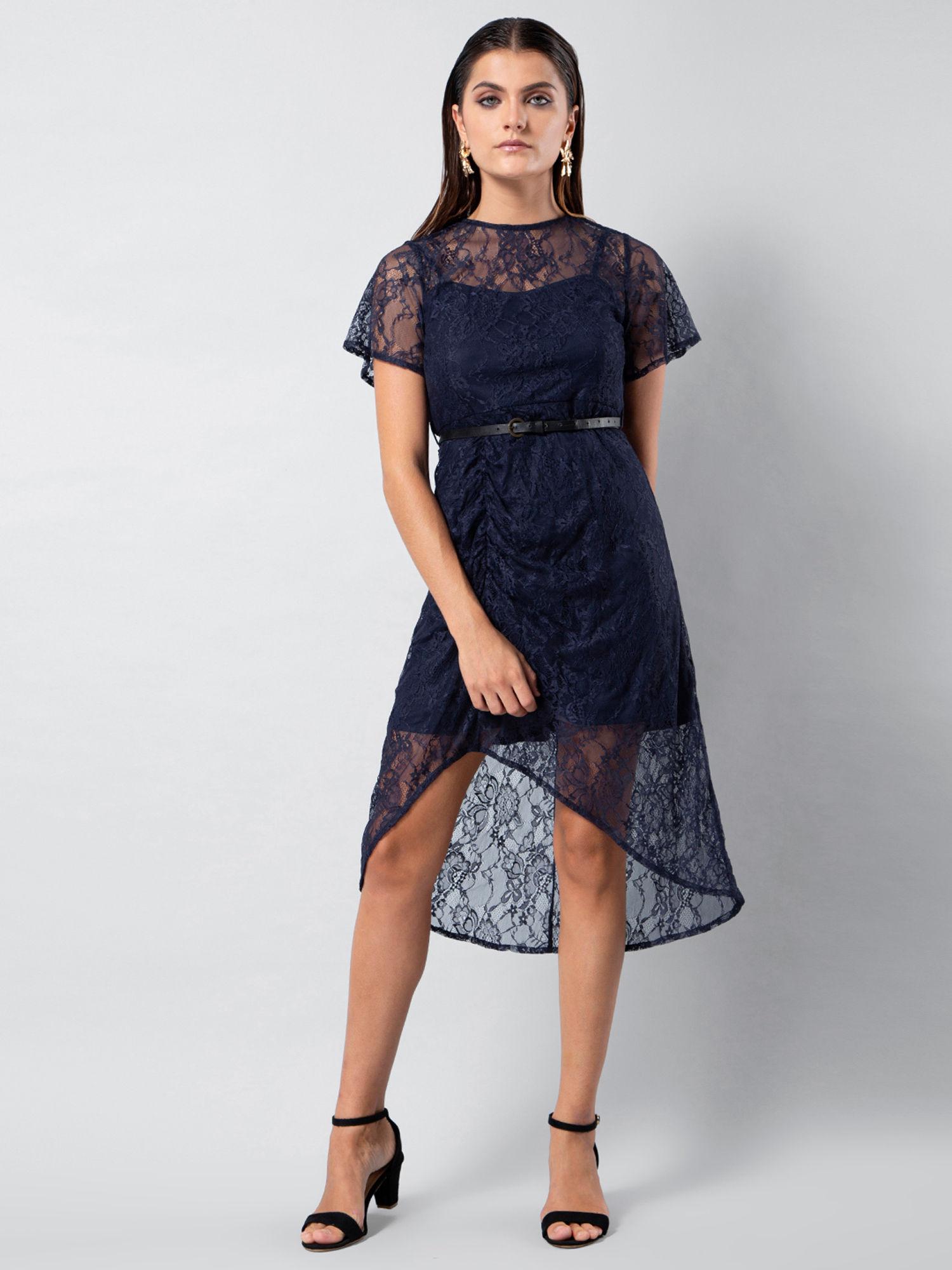 blue lace ruched midi dress with leather belt