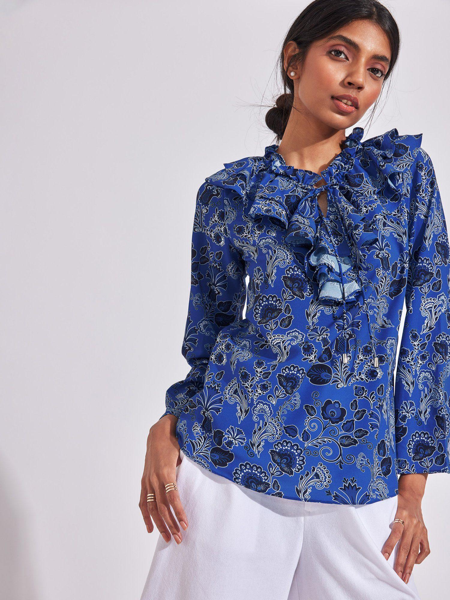 blue lapis floral ruffle neck top