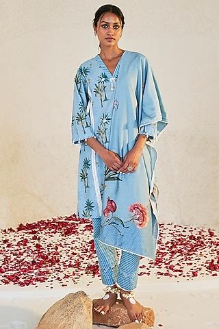 blue lawn cotton embroidered & printed kurta set