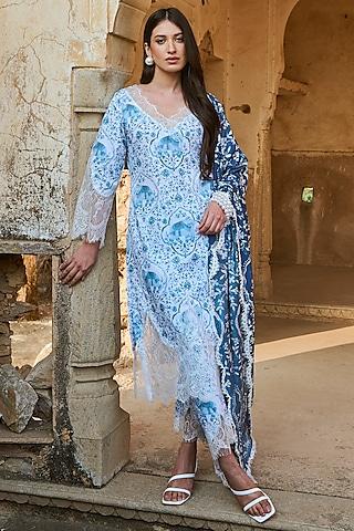 blue lawn cotton printed & chantilly lace kurta set