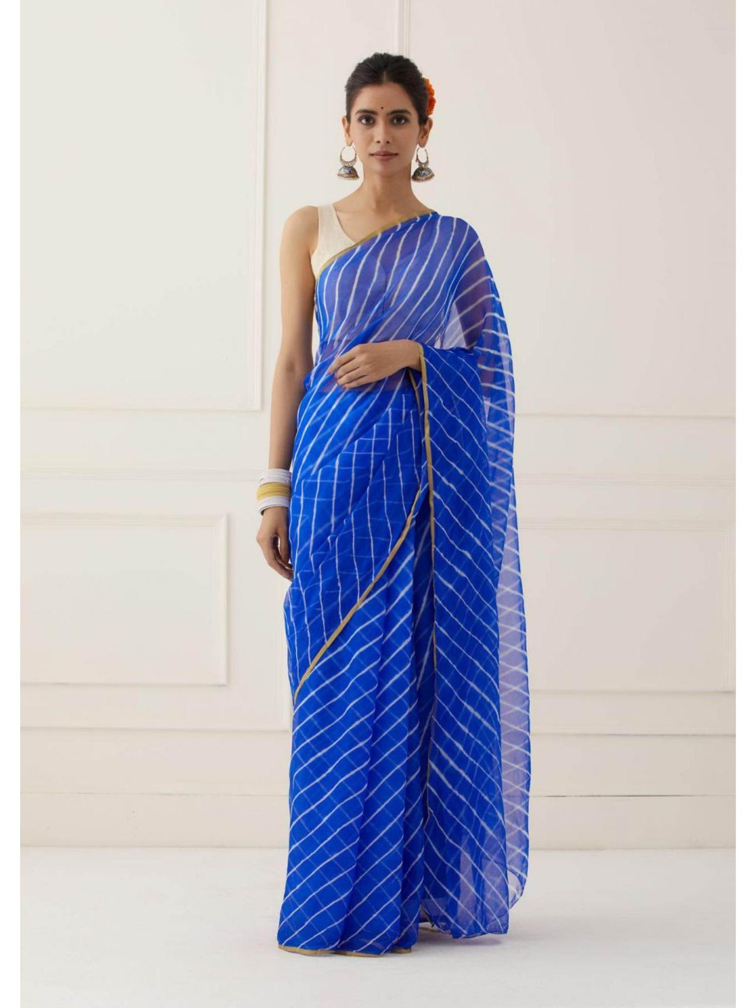 blue leheriya chiffon saree for women with unstitched blouse