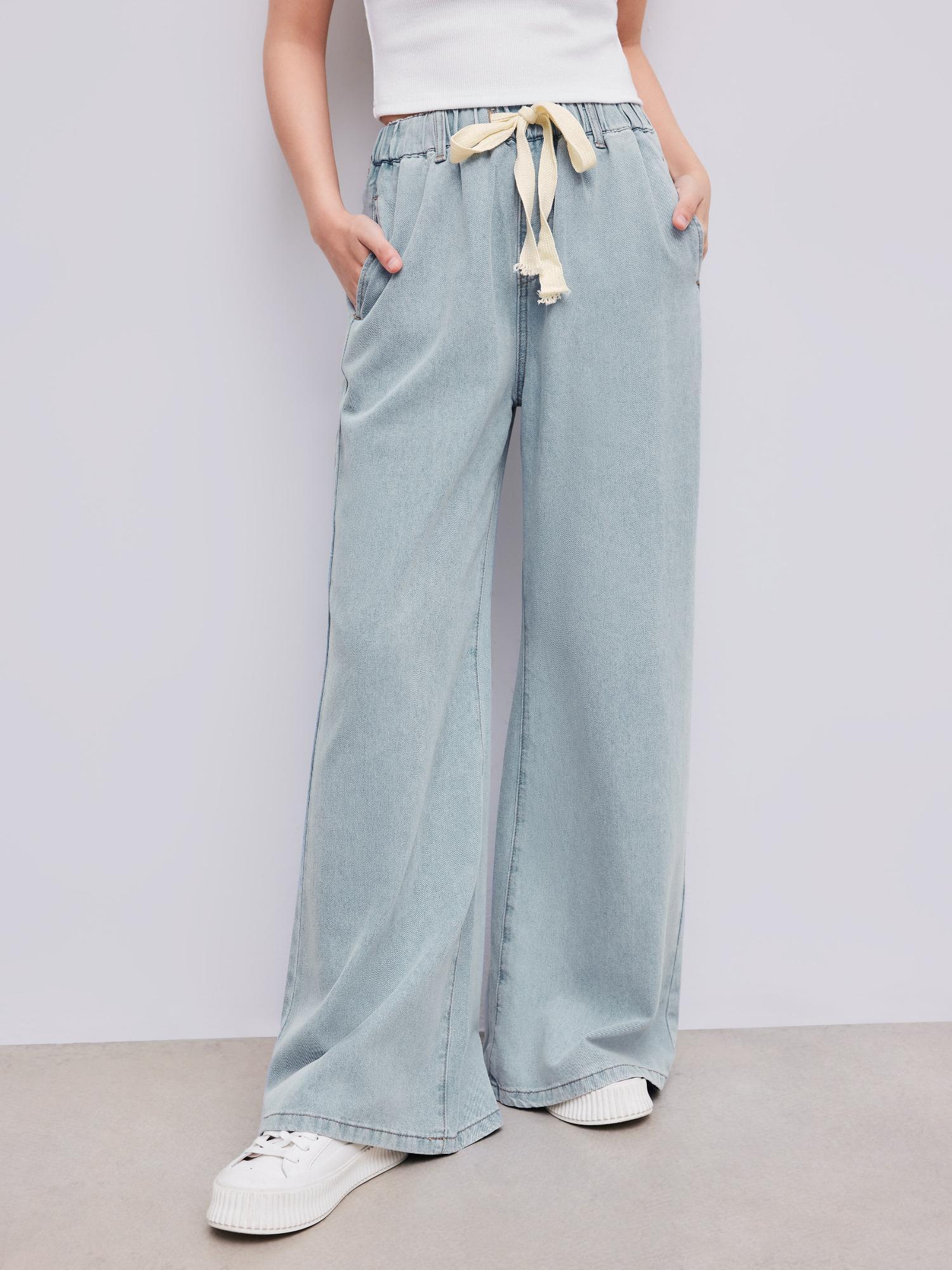 blue leslie denim high waist solid tie front wide leg trouser