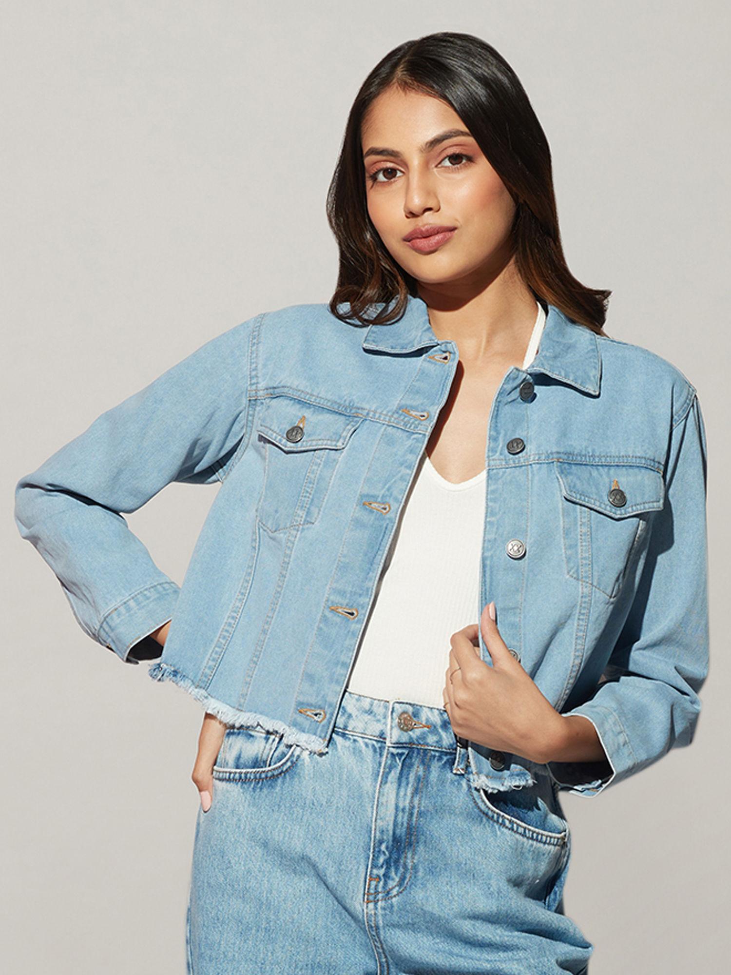 blue light wash frayed denim jacket