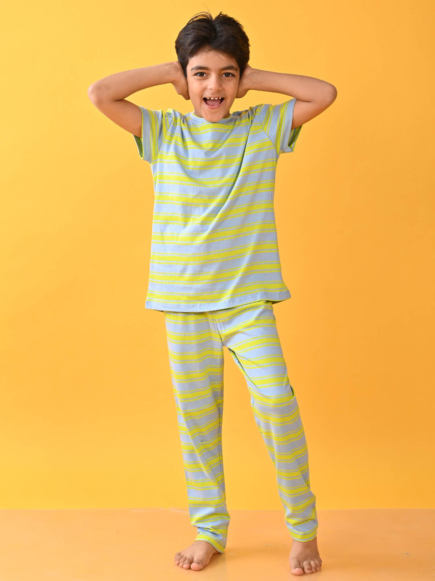 blue lime striped short sleeves t-shirt & boys pyjama (set of 2)