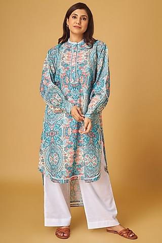 blue linen abstract printed tunic set