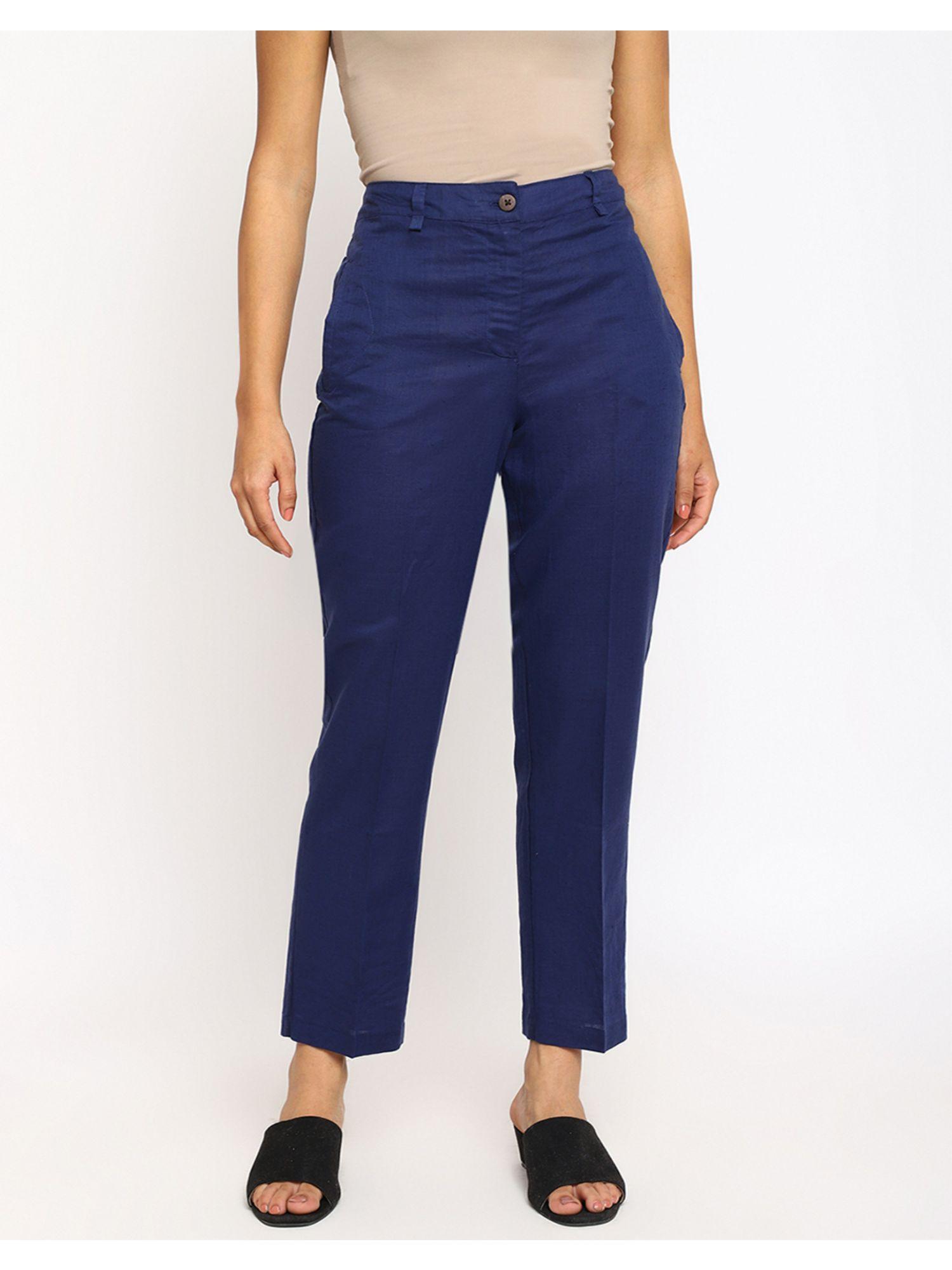 blue linen blend slim fit formal pant