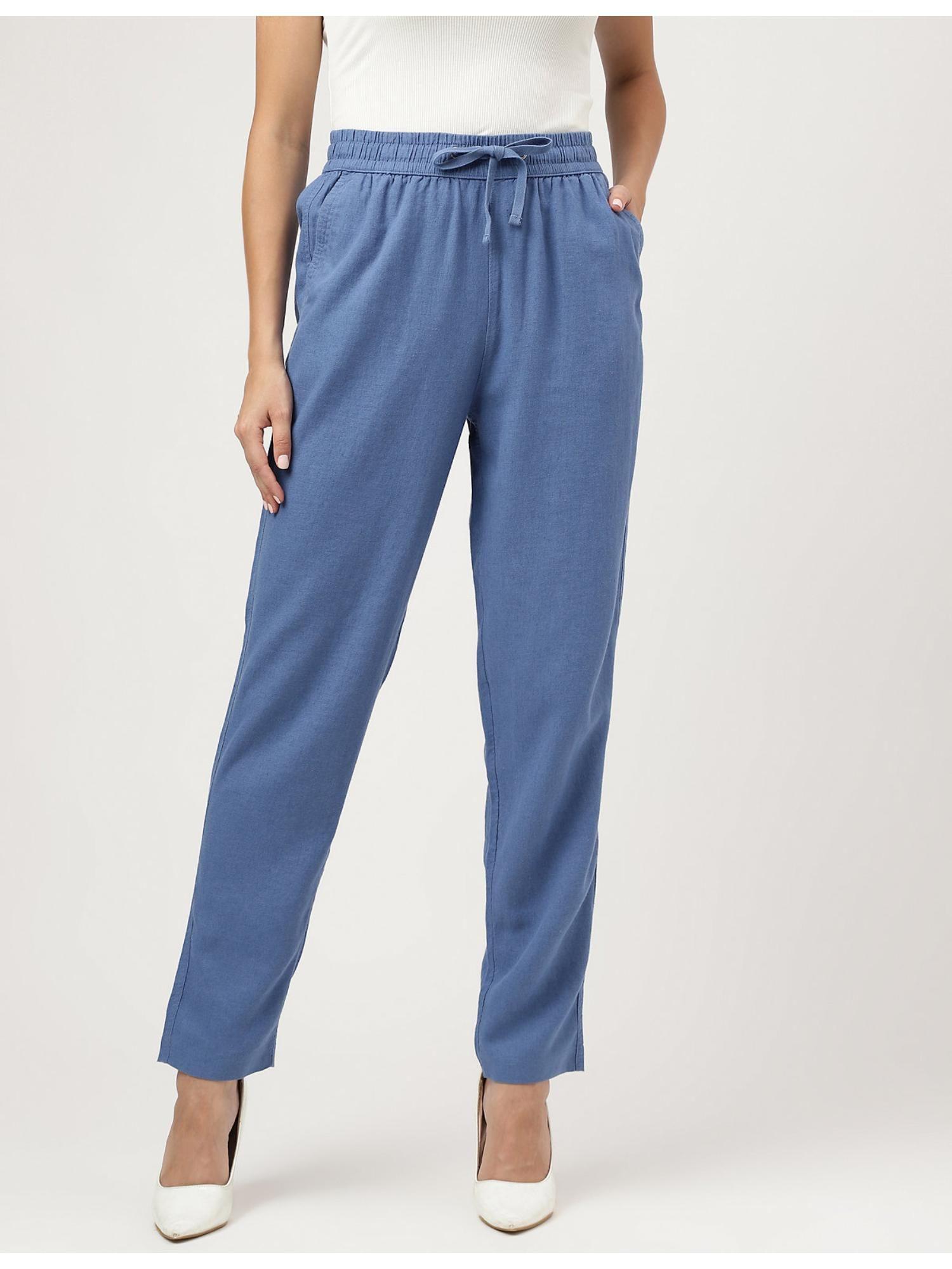 blue linen blend solid trouser