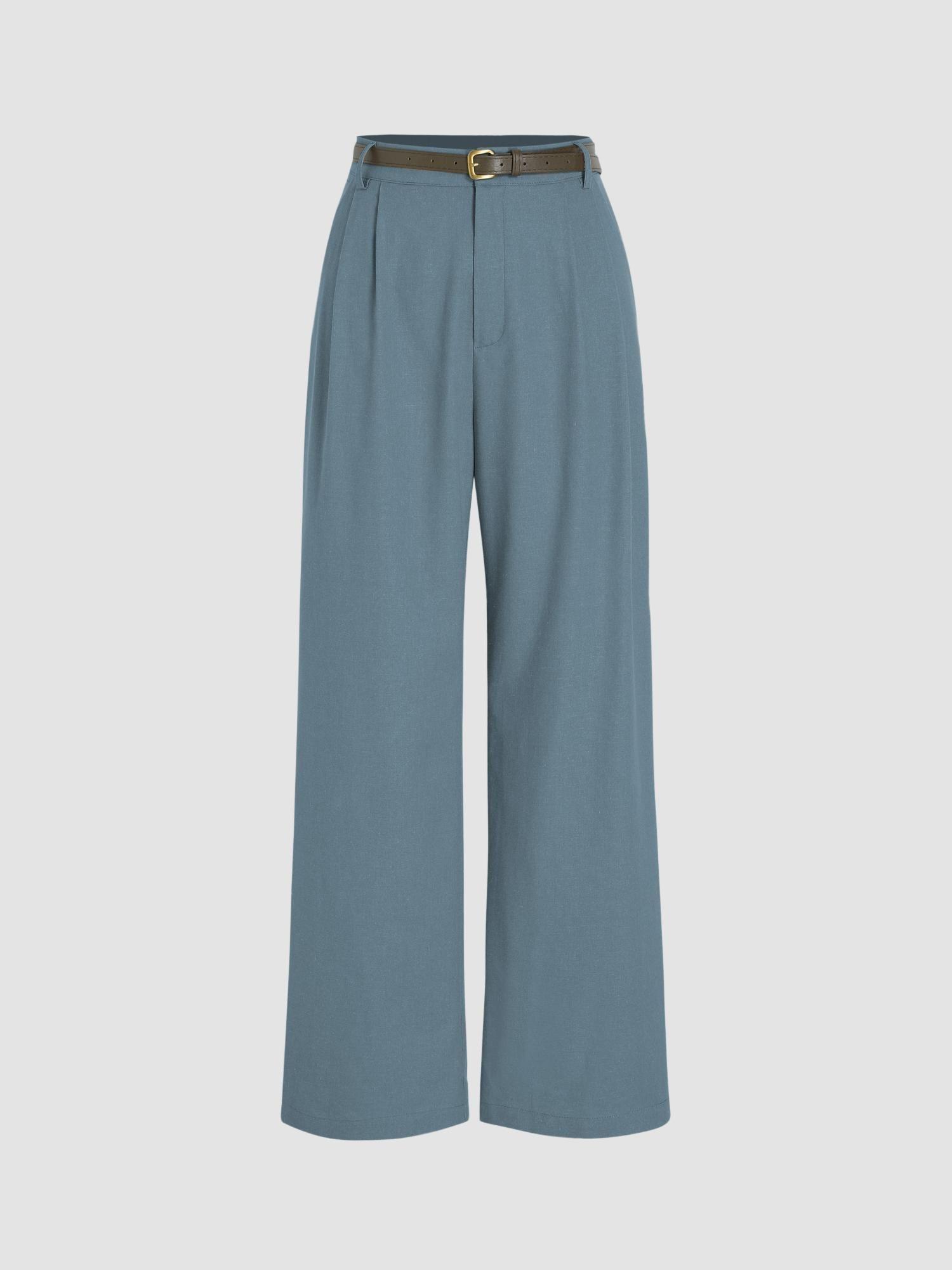 blue linen blend solid wide leg pant with belt (set of 2)