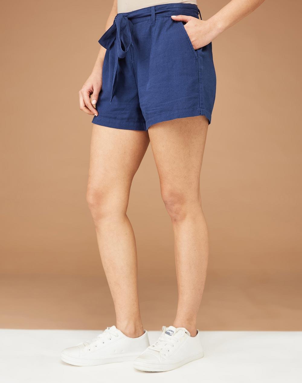 blue linen blend thigh length 2pc shorts