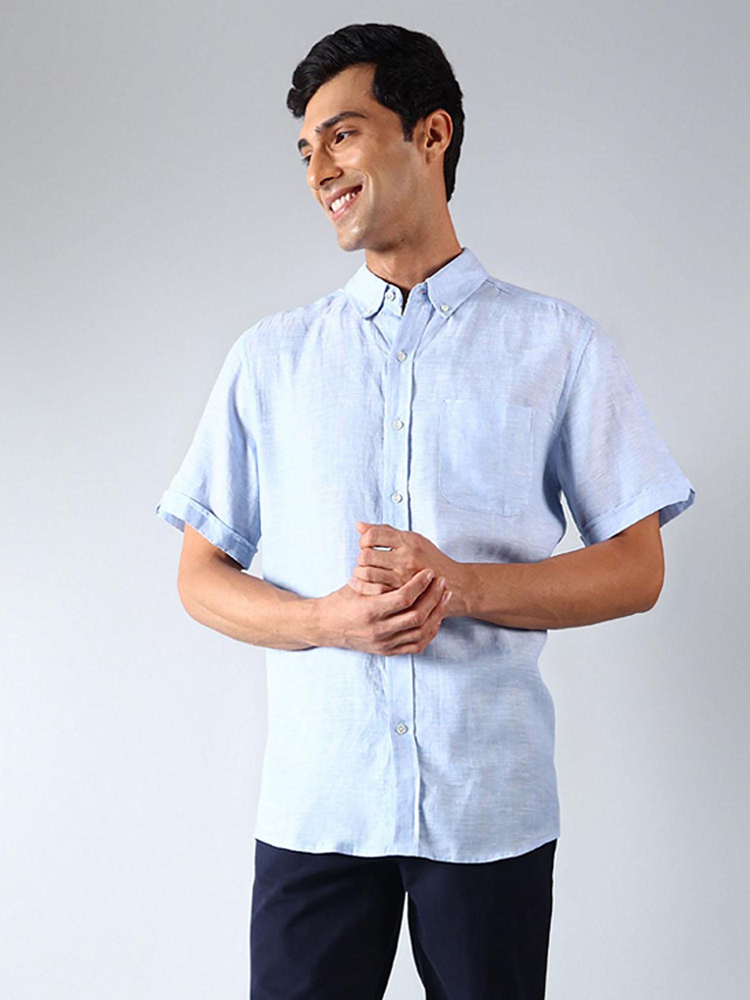 blue linen comfort fit regular shirt