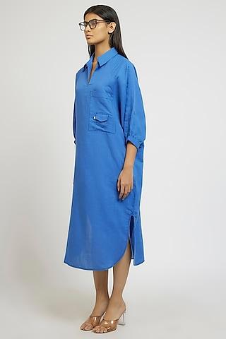 blue linen cotton oversized shirt dress