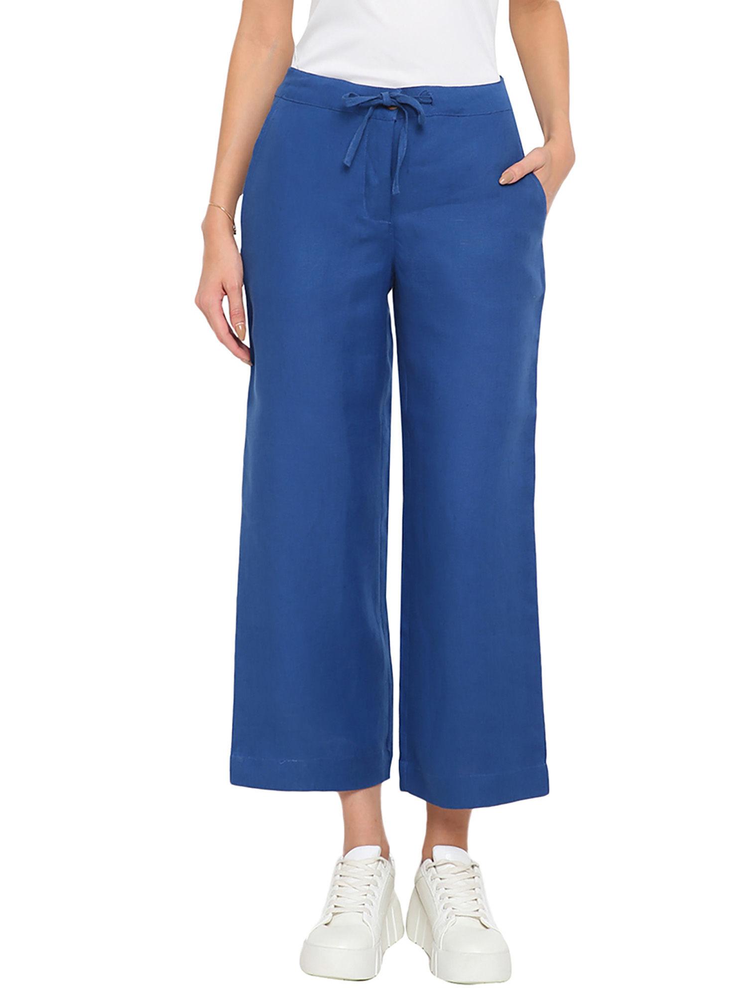 blue linen full length casual pant