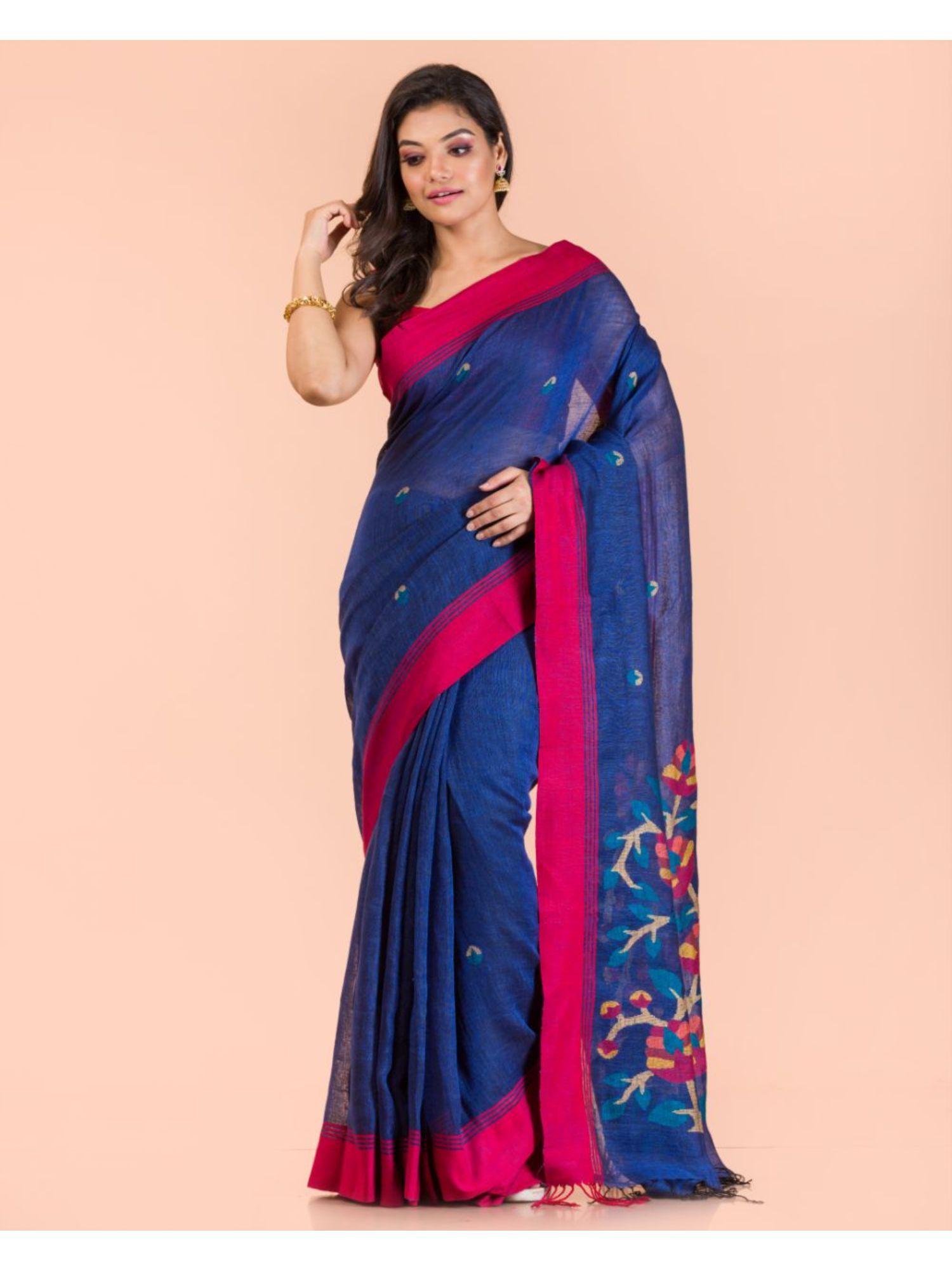 blue linen handloom jamdani saree with unstitched blouse