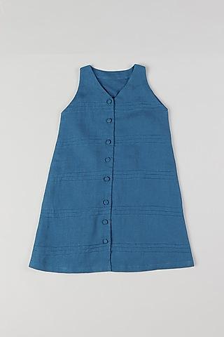 blue linen knee-length dress for girls