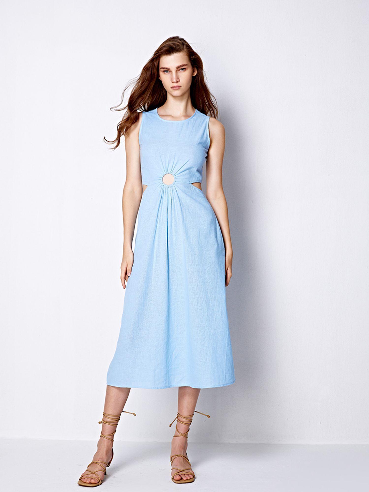 blue linen midi dress