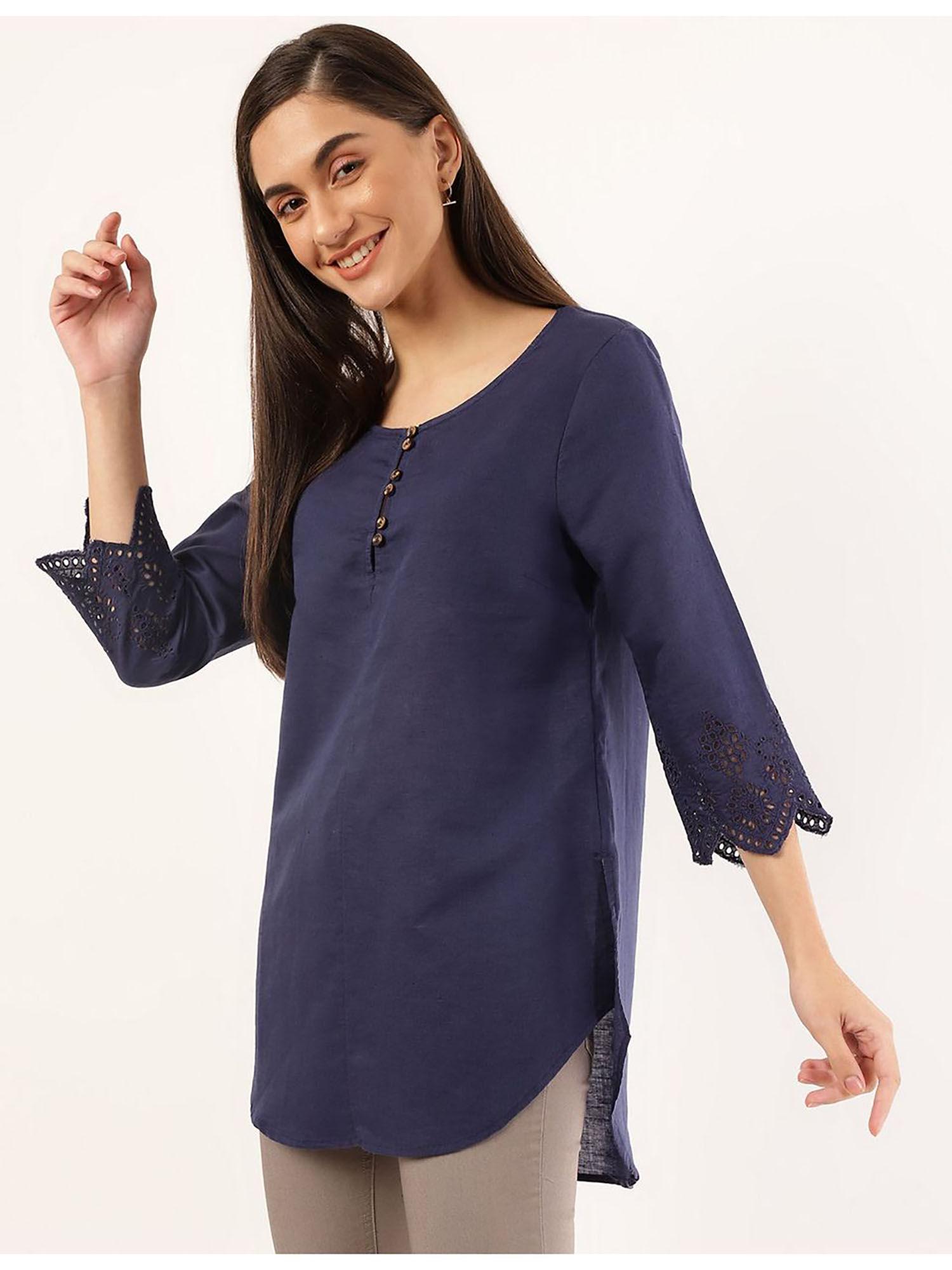 blue linen mix plain round neck tunic