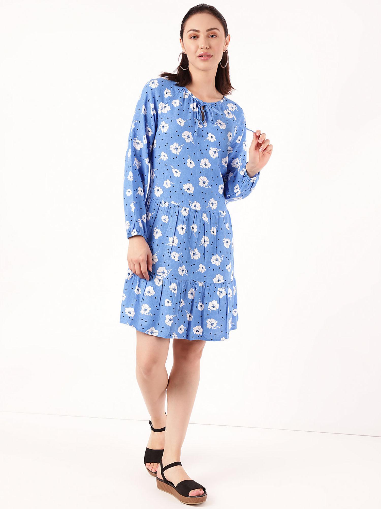 blue linen mix printed tie-up neck dress