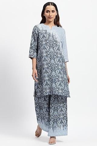 blue linen printed kurta set