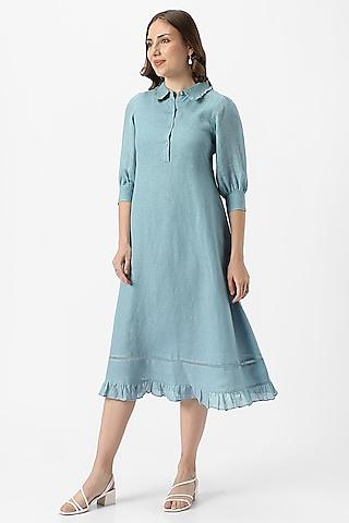 blue linen ruffled midi dress