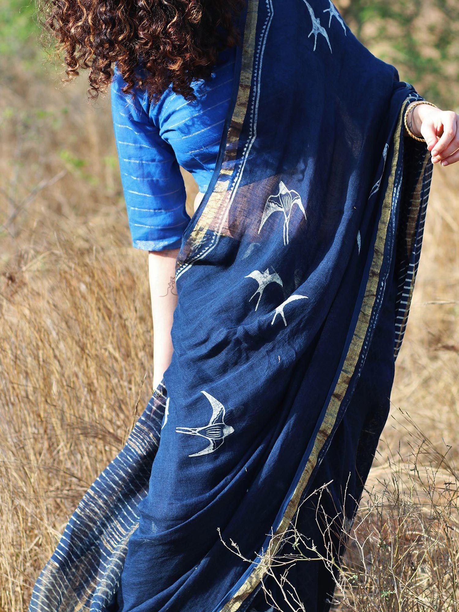 blue linen saree with unstitched blouse
